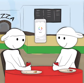 Två tecknade figurer sitter vid ett bord med en mobil med Swish mellan sig.