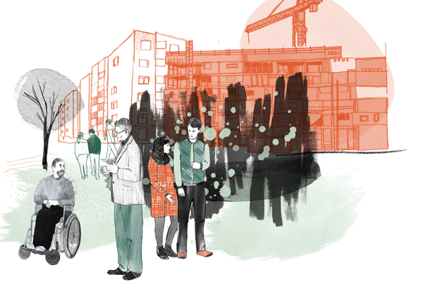 Illustration med människor som samlats vid ett torg