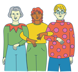 Illustration av tre vuxna i armkrok