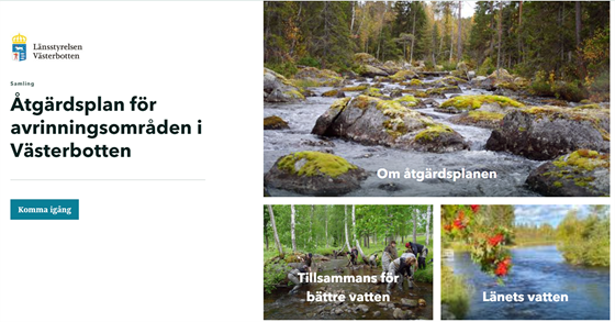 En bild på en internetsida med texten Åtgärdsplan för avrinningsområden i Västerbotten.