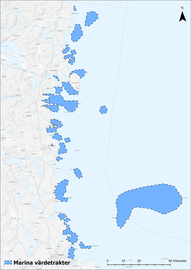 Översiktskarta över de 27 marina värdetrakterna i Gävleborgs län.