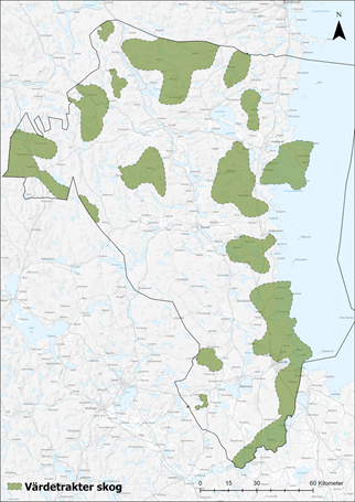 Bild med översiktskarta över de femton skogliga värdetrakterna i Gävleborgs län.