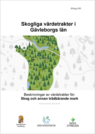 Bild på framsidan av Bilaga B5. Bilden innehåller en illustration av skogsmark med träd, djur och friluftsliv samt logotyper för Länsstyrelsen Gävleborg, Grön infrastruktur och Skogsstyrelsen.