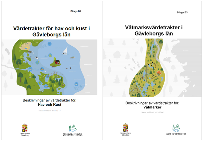 Rapportomslagen för värdetraktsbeskrivningarna för hav och kust samt våtmarker.