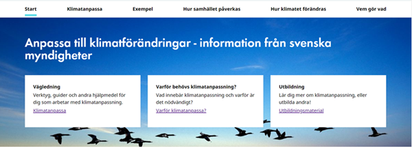 Skärmdump på övre delen av webbsidan klimatanpassning.se.