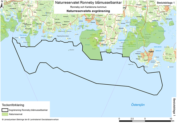 Karta över reservatsgränsen för Ronneby blåmusselbankar.
