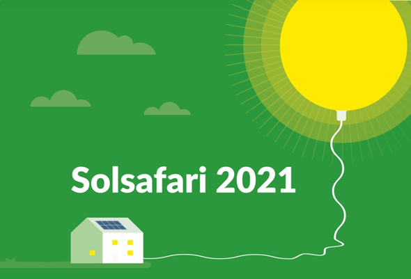 Hus med laddsladd till solen.Illustration. Text: Solsafari 2021.