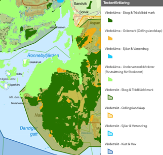 Mer detaljerad kartbild över värdetrakter och värdekärnor vid Gö naturreservat.
