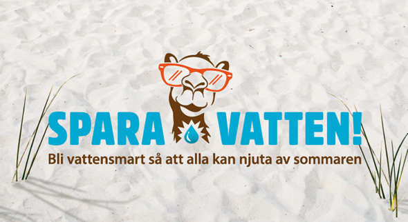 Affisch för vattensparande kampanj med texten: Spara vatten! Bli vattensmart så att alla kan njuta av sommaren.