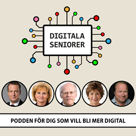Bild på annonseringen av podden Digitala seniorer med bilder på deltagarna och texten "Podden för dig som vill bli mer digital".