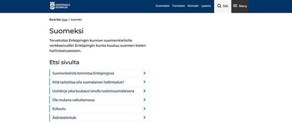 Bild på de finska sidorna på Enköpings kommuns webbplats
