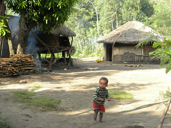 A little Ethiopian farm boy playing near a forest
